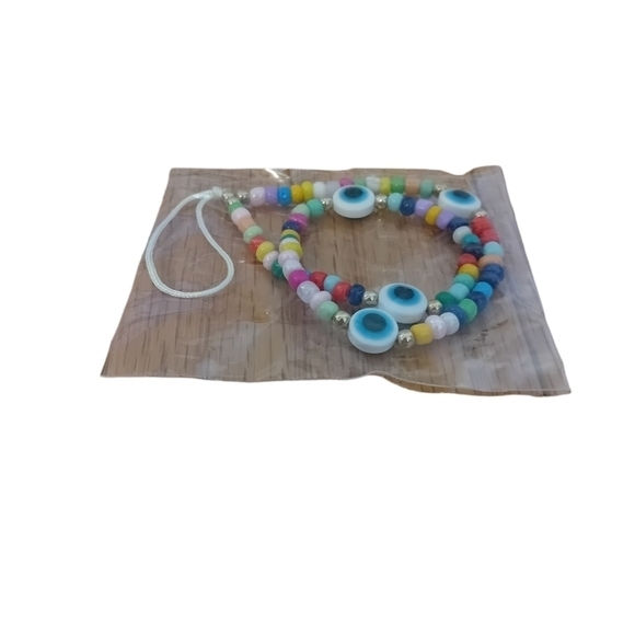 BNIB Blue Evil Eye Beaded Phone Strap W/ Multicolored Beads New - Picture 1 of 2